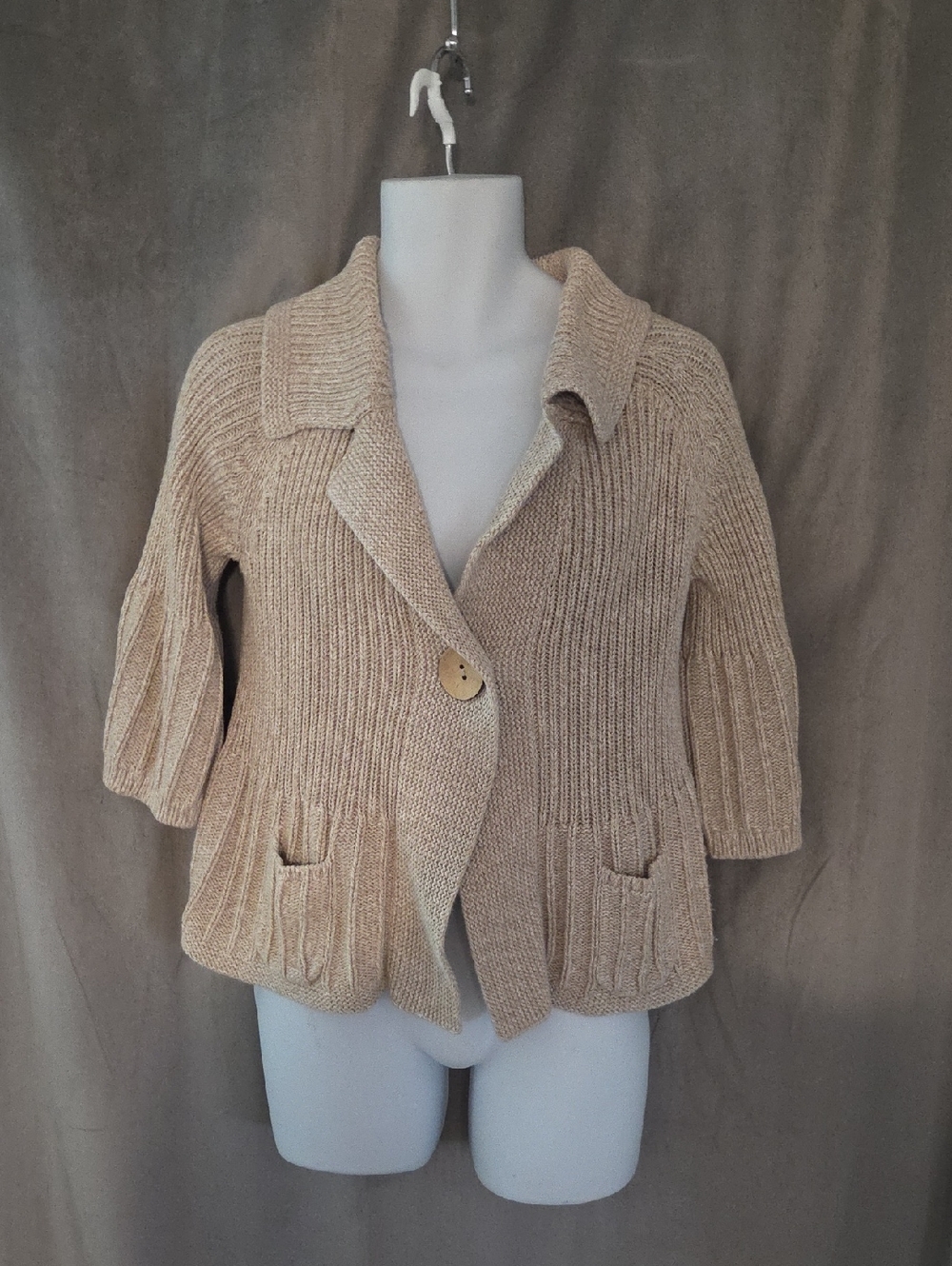 Tribal Beige Open-Knit Single-Button Cardigan Size Large But Fits Smaller